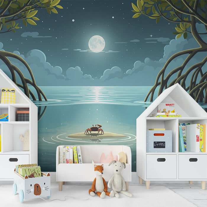 Papier peint chambre enfant | Crabe sur une île sous la lune dans un paysage marin
