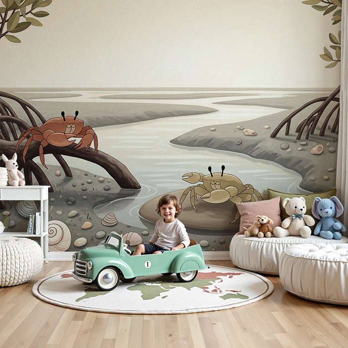 Papier peint chambre enfant | Crabes colorés dans un paysage marin apaisant
