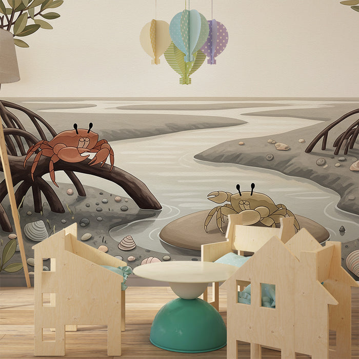 Papier peint chambre enfant | Crabes colorés dans un paysage marin apaisant