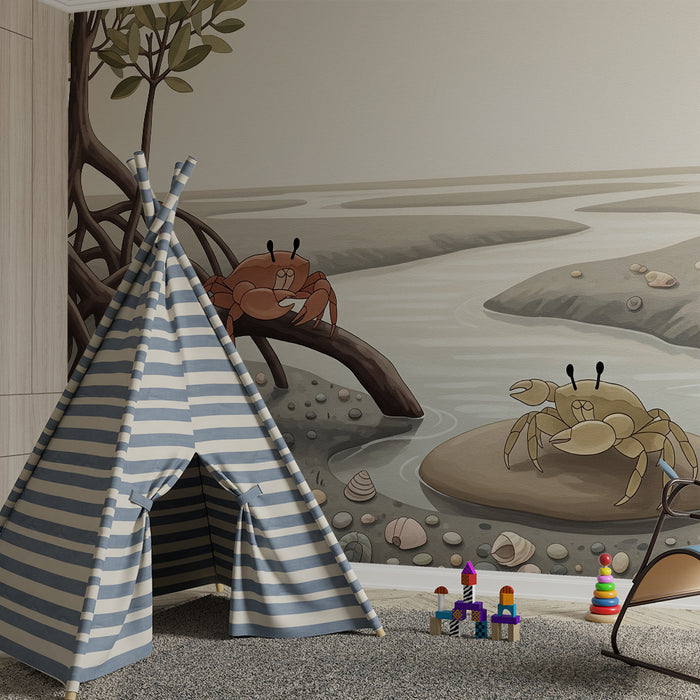 Papier peint chambre enfant | Crabes colorés dans un paysage marin apaisant