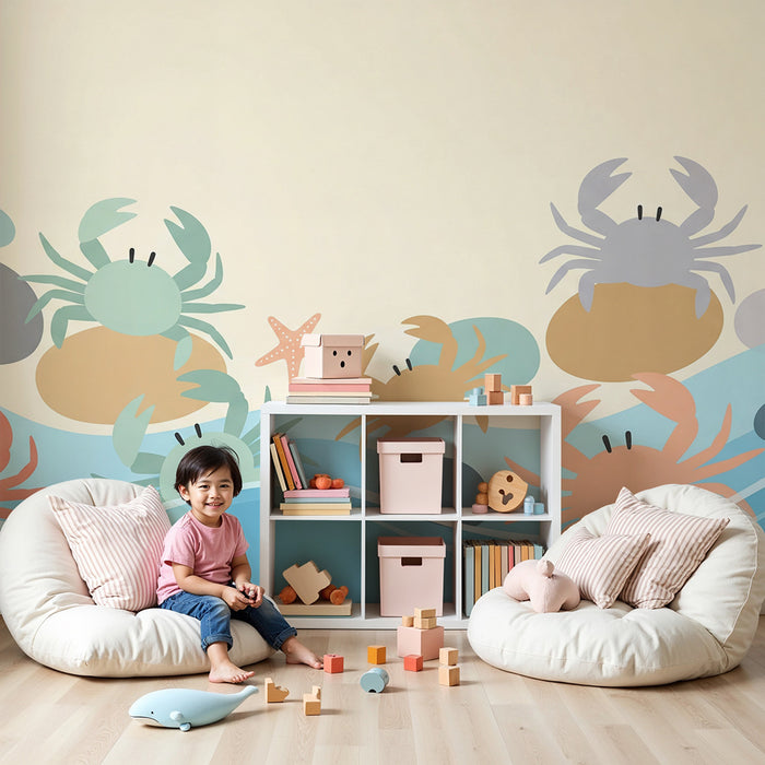 Papel de parede para quarto infantil | Caranguejos coloridos e estrelas-do-mar em fundo marinho