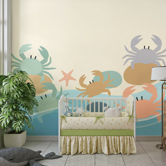 Papel de parede para quarto infantil | Caranguejos coloridos e estrelas-do-mar em fundo marinho