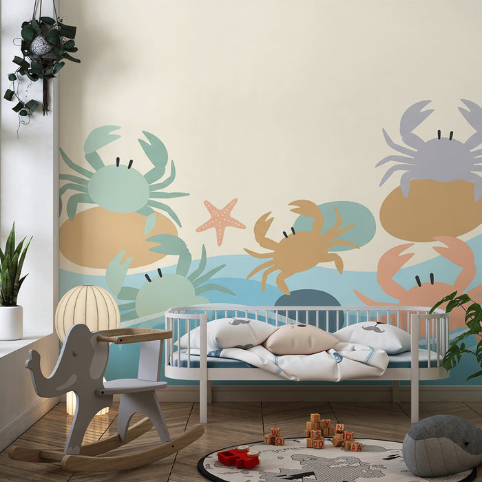 Papel de parede para quarto infantil | Caranguejos coloridos e estrelas-do-mar em fundo marinho