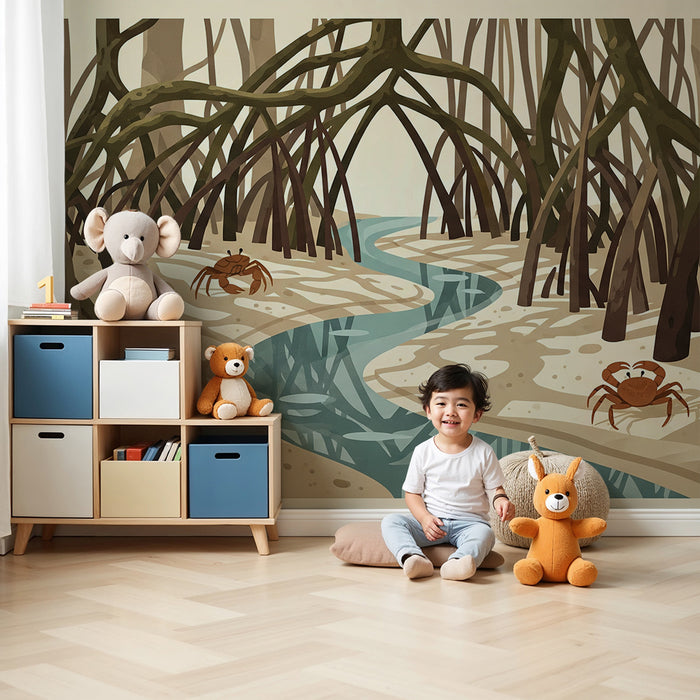Behang kinderkamer | Krabben en mangrove in een rustgevend landschap