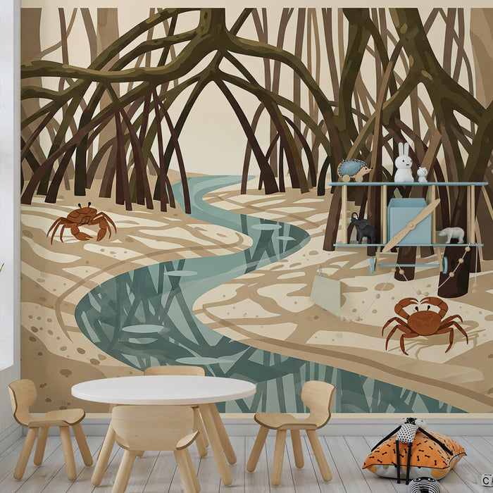 Behang kinderkamer | Krabben en mangrove in een rustgevend landschap