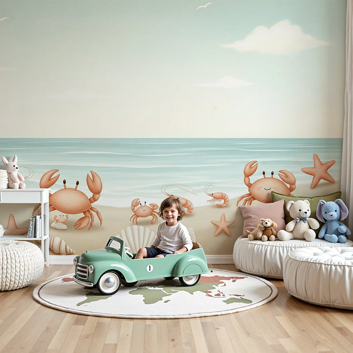 Papel de parede para quarto infantil | Caranguejos felizes e conchas na praia