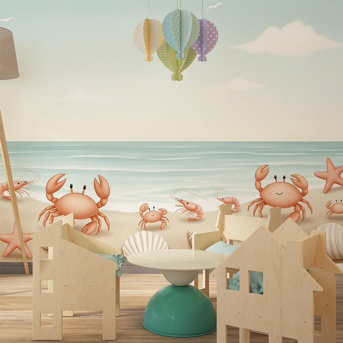 Papel de parede para quarto infantil | Caranguejos felizes e conchas na praia