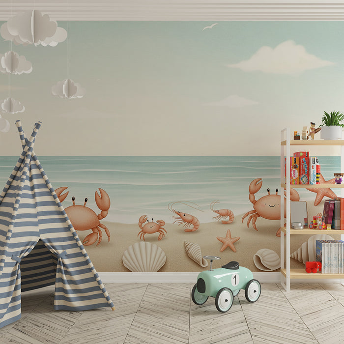 Papel de parede para quarto infantil | Caranguejos felizes e conchas na praia