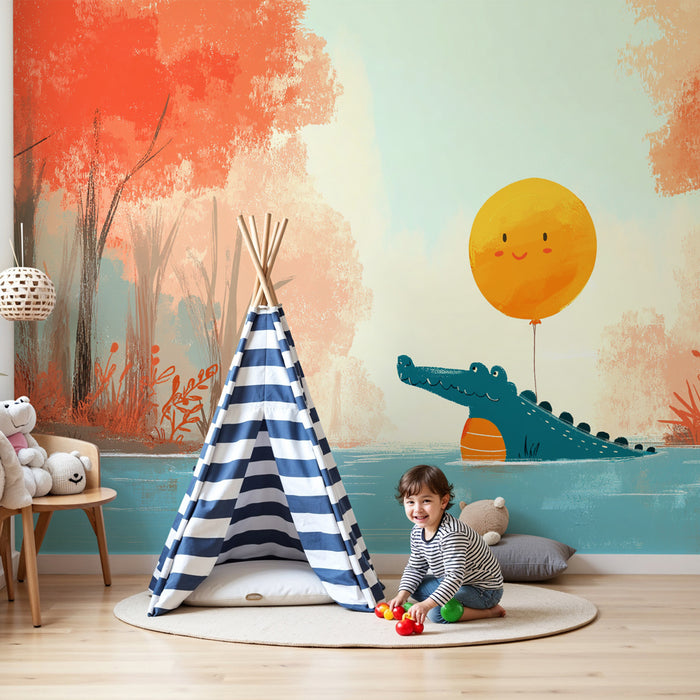 Kids room wallpaper | Happy crocodile and floating sun