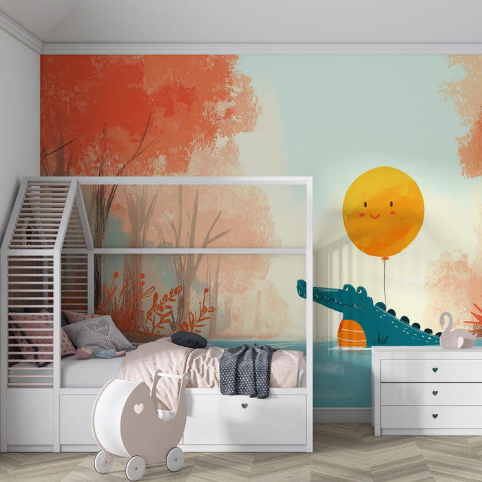 Kids room wallpaper | Happy crocodile and floating sun