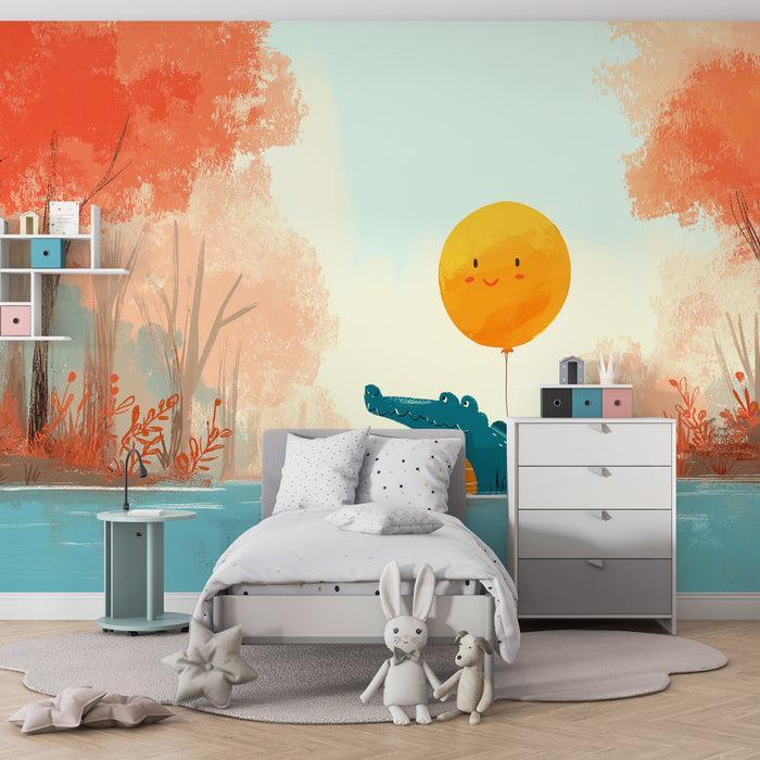Kids room wallpaper | Happy crocodile and floating sun