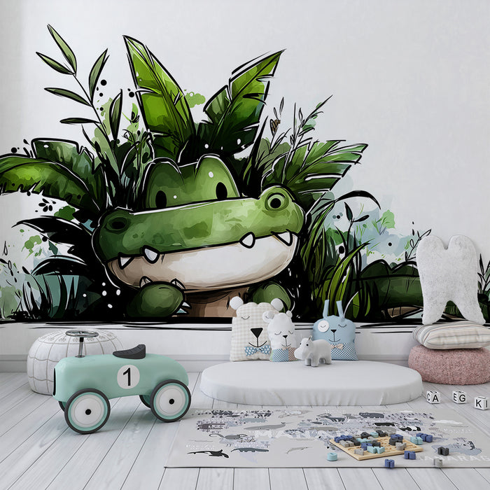Gyermekszoba tapéta | Aranyos krokodil rejtőzik az dzsungelben