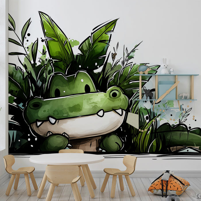 Gyermekszoba tapéta | Aranyos krokodil rejtőzik az dzsungelben