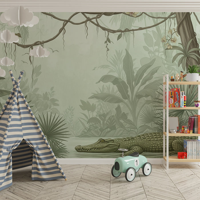 Gyermekszoba tapéta | Nyugodt krokodil a vízparton egy dús dzsungelben