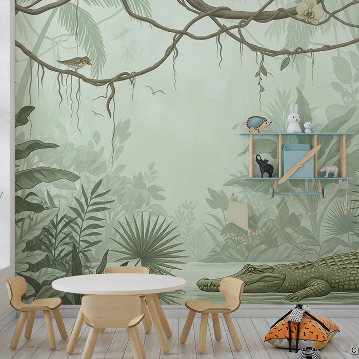 Gyermekszoba tapéta | Nyugodt krokodil a vízparton egy dús dzsungelben