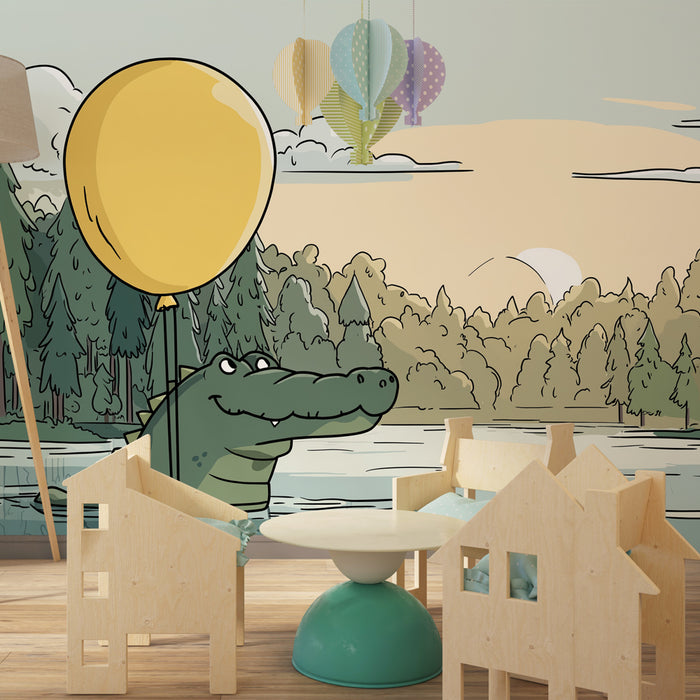 Tapety dla dzieci | Uśmiechnięty krokodyl i żółty balon w przyrodzie