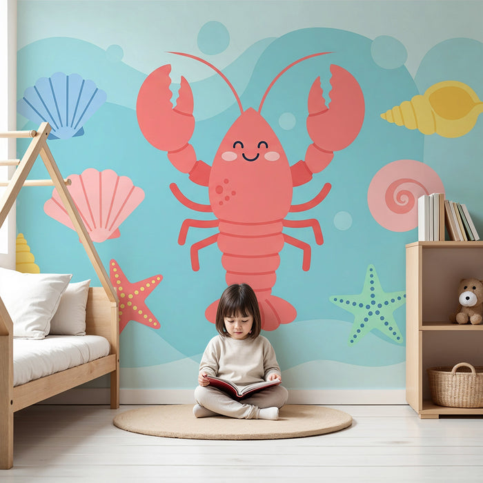 Papel pintado infantil | Cangrejos felices y conchas coloridas bajo el océano