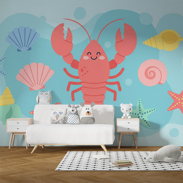 Papel pintado infantil | Cangrejos felices y conchas coloridas bajo el océano