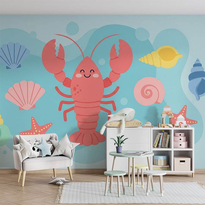 Papel pintado infantil | Cangrejos felices y conchas coloridas bajo el océano