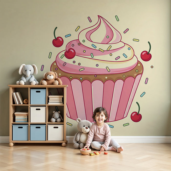 Barntapet | Färgglad cupcake med körsbär och glitter