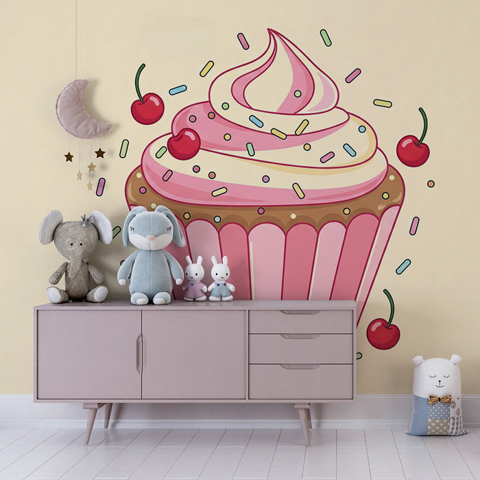 Barntapet | Färgglad cupcake med körsbär och glitter