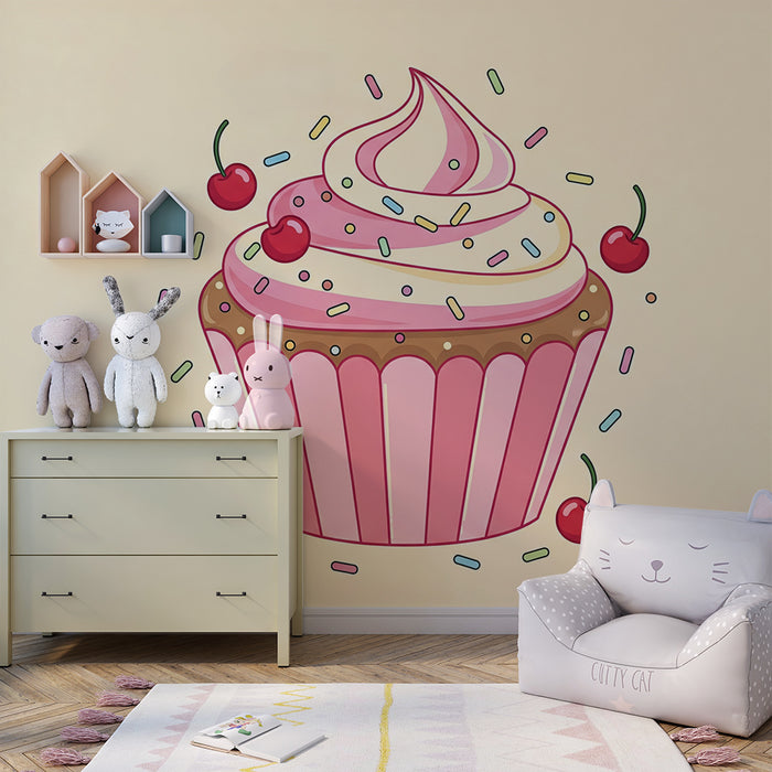 Barntapet | Färgglad cupcake med körsbär och glitter