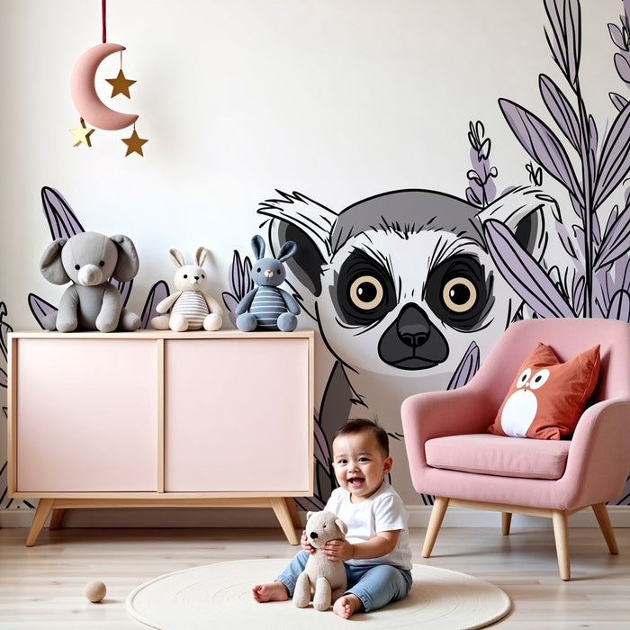 Papier peint chambre enfant | Curieux lemurien et feuillage violet