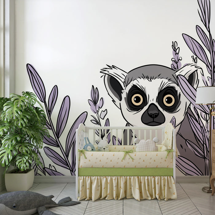 Papier peint chambre enfant | Curieux lemurien et feuillage violet