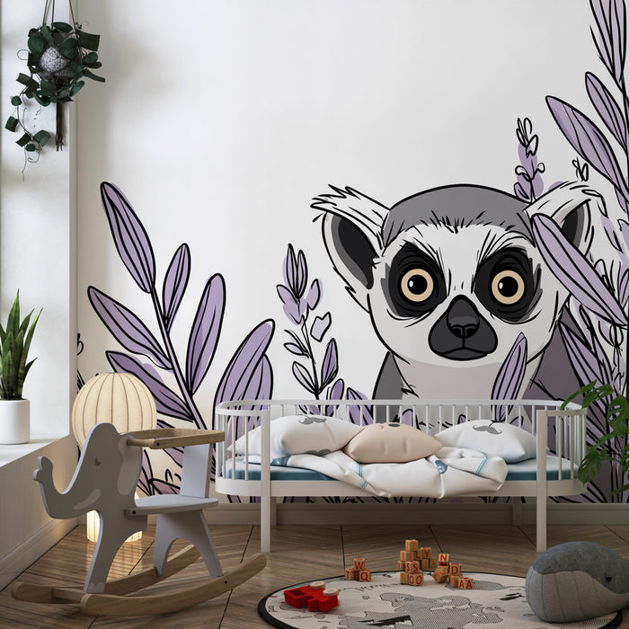 Papier peint chambre enfant | Curieux lemurien et feuillage violet