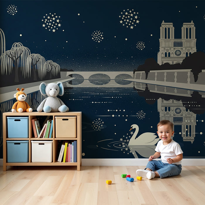 **Tapete Kinderzimmer | Schwäne und Sternennacht an der Seine**