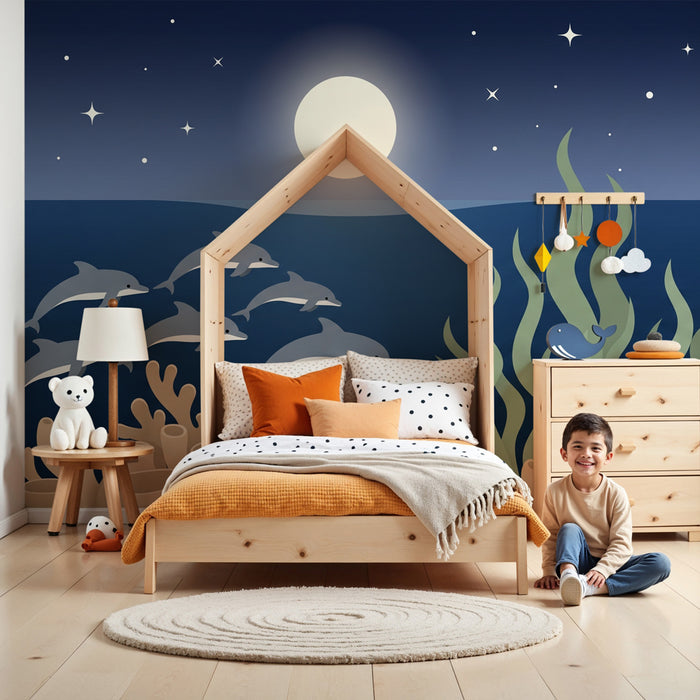 Kinderzimmer Tapete | Tanz der Delfine unter dem Mond