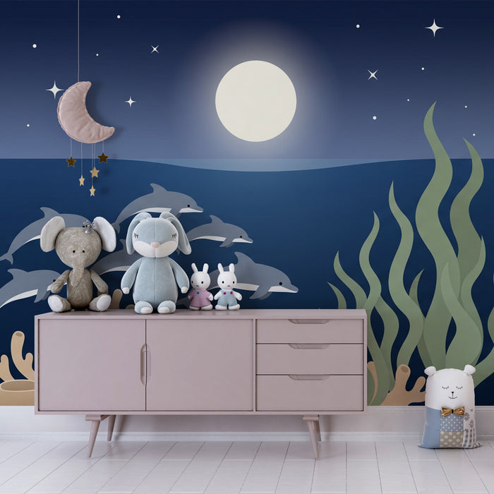 Kinderzimmer Tapete | Tanz der Delfine unter dem Mond