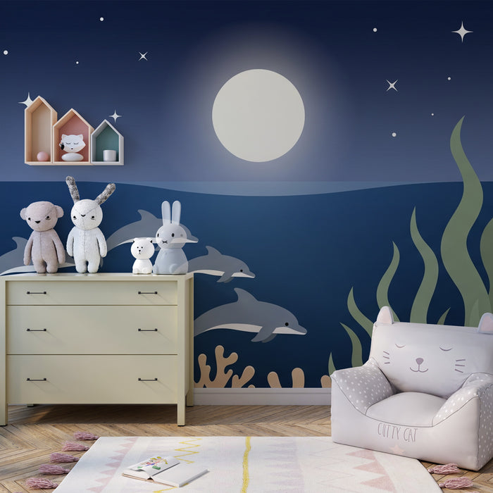 Kinderzimmer Tapete | Tanz der Delfine unter dem Mond