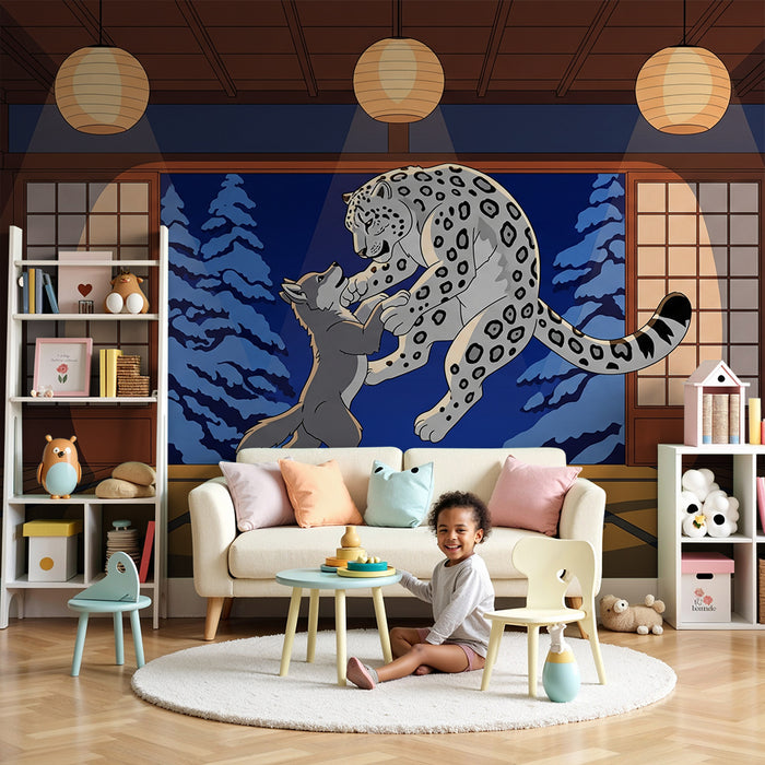 Tapet pentru camera copilului | Lup și leopard dansează veseli într-un decor animat