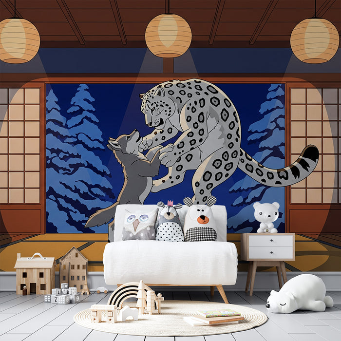 Tapet pentru camera copilului | Lup și leopard dansează veseli într-un decor animat