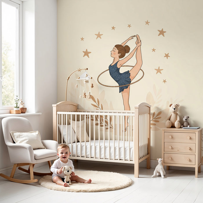 Papier peint chambre enfant | Danseuse avec cerceau et étoiles dorées
