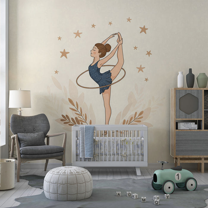 Papier peint chambre enfant | Danseuse avec cerceau et étoiles dorées