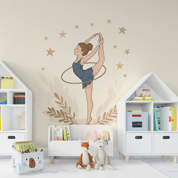 Papier peint chambre enfant | Danseuse avec cerceau et étoiles dorées