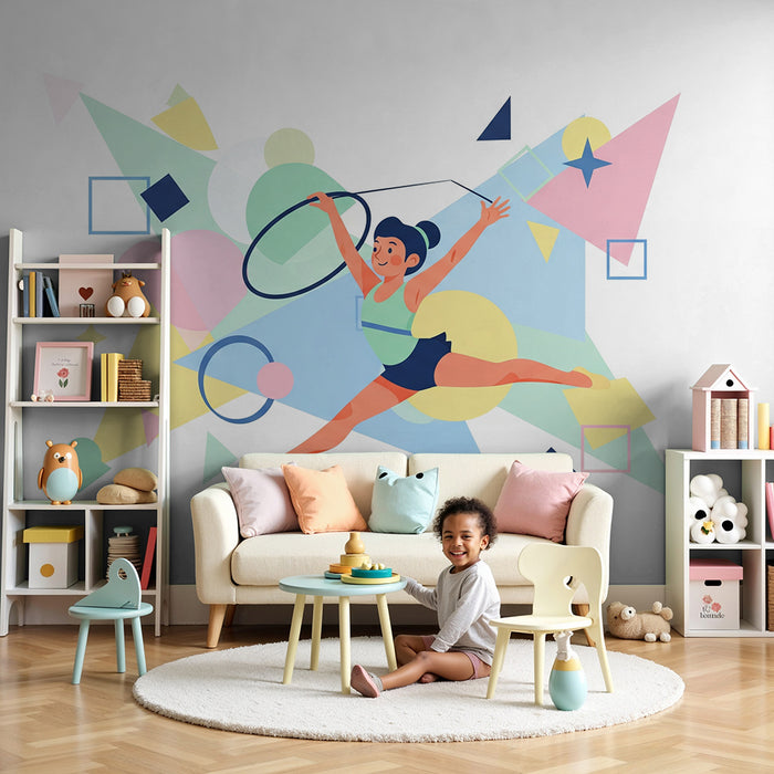Papier peint chambre enfant | Danseuse dynamique avec cerceau et formes colorées