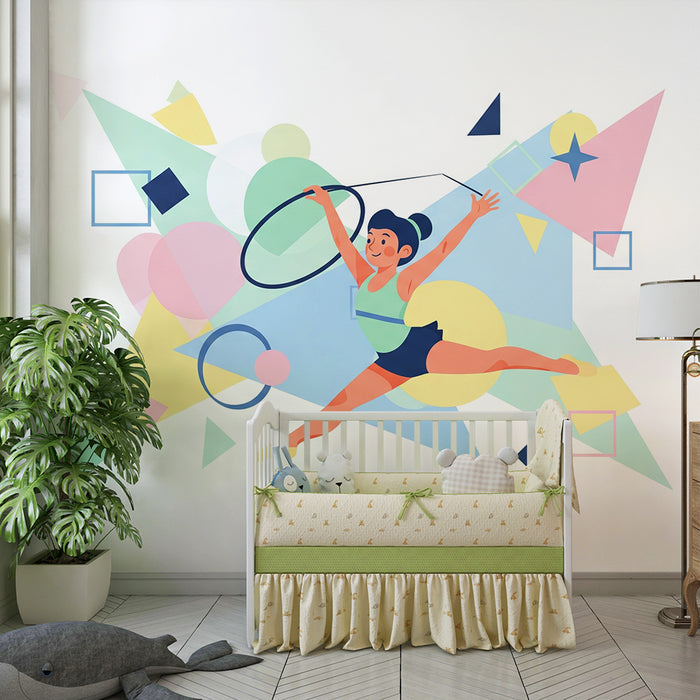 Papier peint chambre enfant | Danseuse dynamique avec cerceau et formes colorées