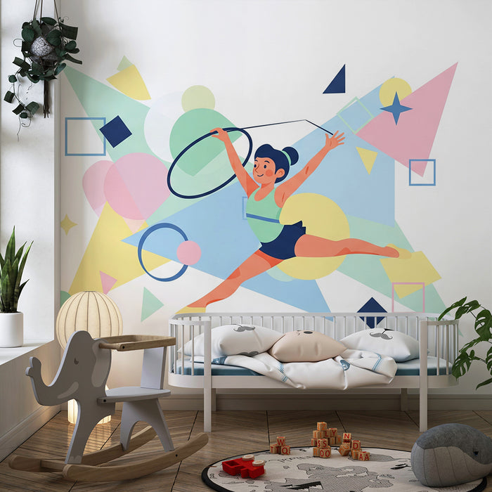 Papier peint chambre enfant | Danseuse dynamique avec cerceau et formes colorées