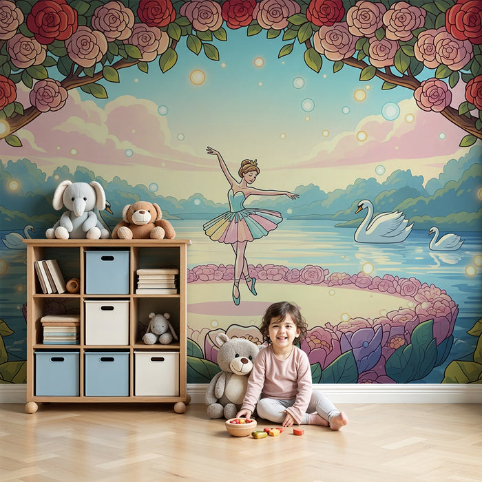 Papier peint chambre enfant | Danseuse étoile au bord d'un lac fleuri