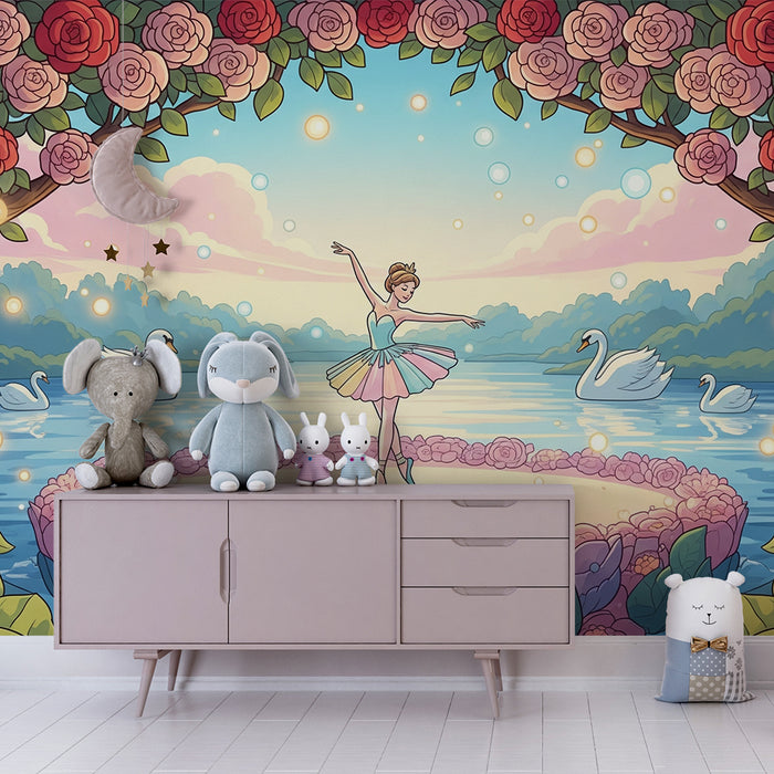 Papier peint chambre enfant | Danseuse étoile au bord d'un lac fleuri