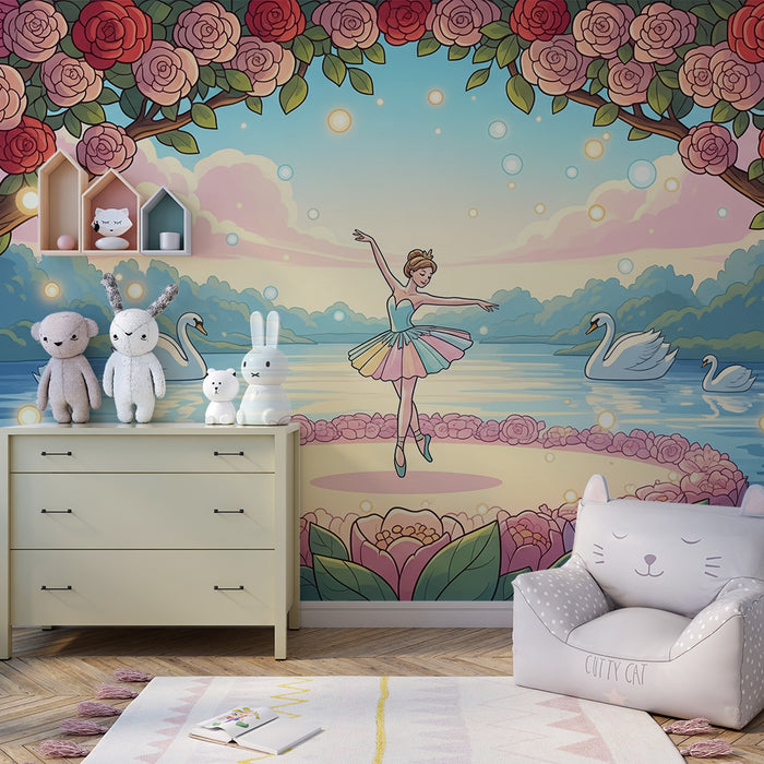 Papier peint chambre enfant | Danseuse étoile au bord d'un lac fleuri