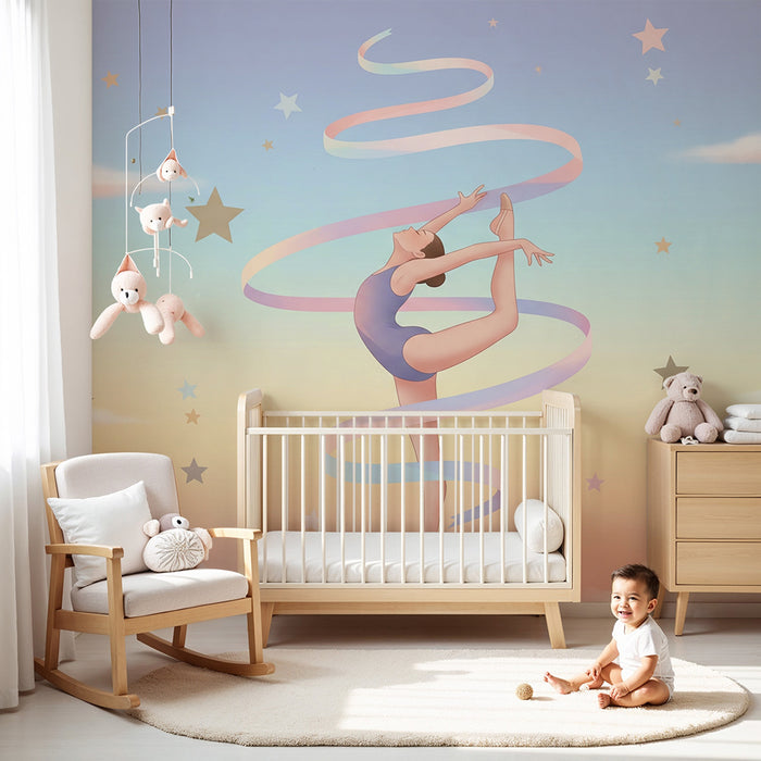 Kinderzimmer Tapete | Anmutige Tänzerin umgeben von Sternen und Pastellwolken