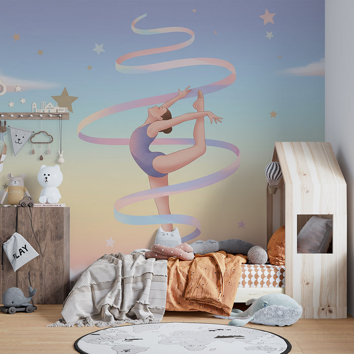 Kinderzimmer Tapete | Anmutige Tänzerin umgeben von Sternen und Pastellwolken