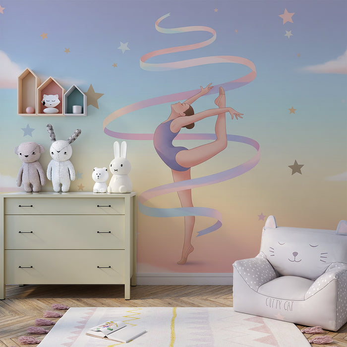 Kinderzimmer Tapete | Anmutige Tänzerin umgeben von Sternen und Pastellwolken