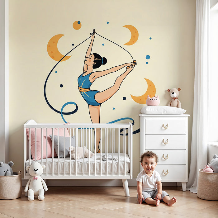 Papel de parede para quarto infantil | Bailarina graciosa rodeada de luas e estrelas