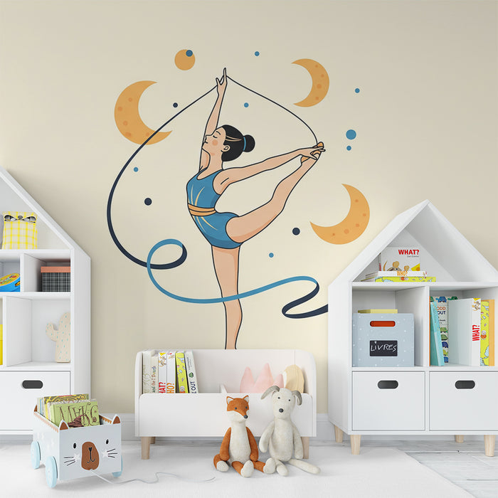 Papel de parede para quarto infantil | Bailarina graciosa rodeada de luas e estrelas