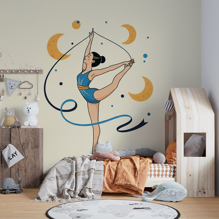Papel de parede para quarto infantil | Bailarina graciosa rodeada de luas e estrelas